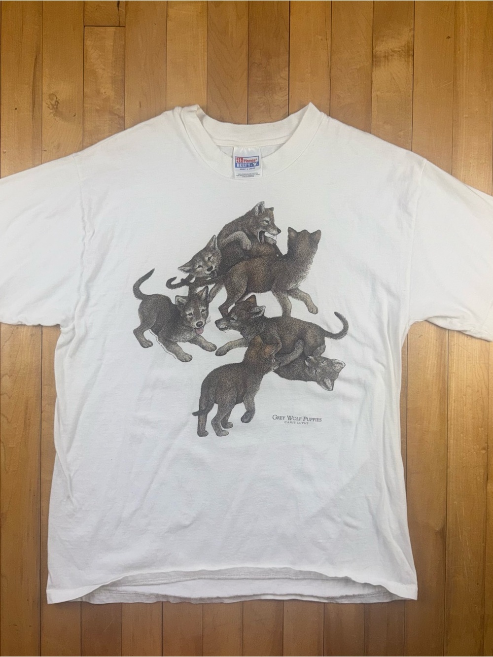 Vintage Hanes Beefy T Grey Wolf Puppies Wildlife Graphic T Shirt White Adult L